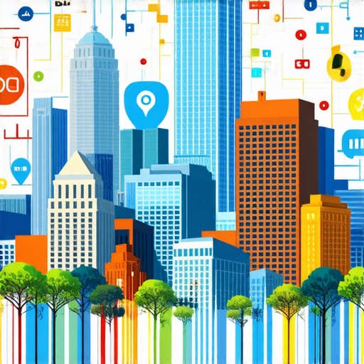 Illustration of Columbus business district with digital marketing and SEO icons
