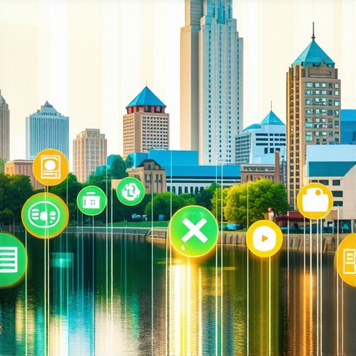 Columbus Cityscape for Local SEO Vibrant Columbus cityscape with digital marketing icons overlay