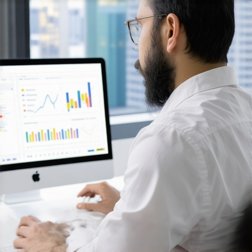 A person analyzing local SEO metrics on a computer with Columbus cityscape in background.