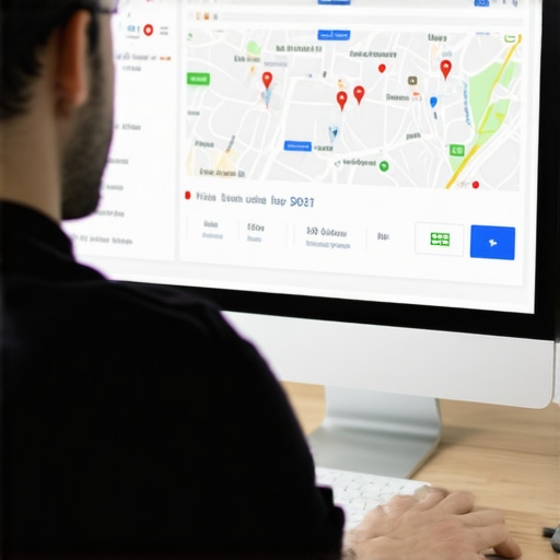 Deep Dive into Local SEO Analytics Person analyzing local SEO data on a laptop with Google Maps and charts.
