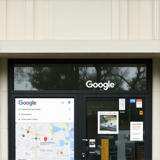 Business storefront in Columbus with Google Maps and local search results overlay.
