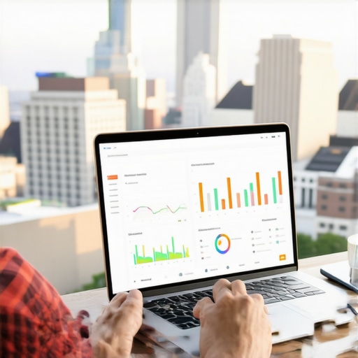 Local SEO Tools in Action in Columbus Person managing local SEO analytics on laptop with Columbus cityscape