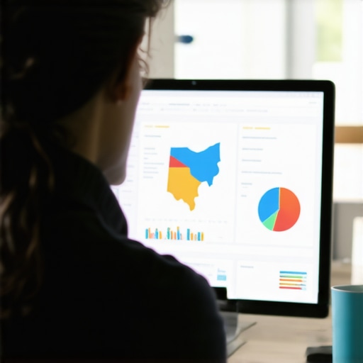 Person analyzing Google Maps and local SEO data on a computer in an Ohio-themed office.