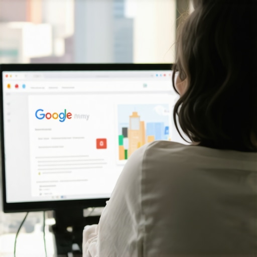 Person working on Google My Business profile with Columbus city skyline