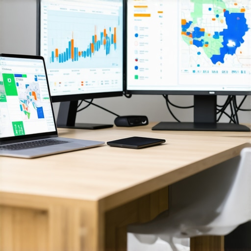 A workspace with computers displaying local SEO dashboards and Google Maps for Columbus