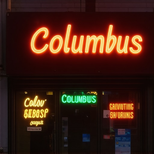 Vibrant storefront of a local business in Columbus at sunset.