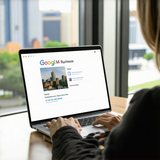 Optimizing GMB Profile in Columbus Business owner editing Google My Business profile on laptop with Columbus skyline