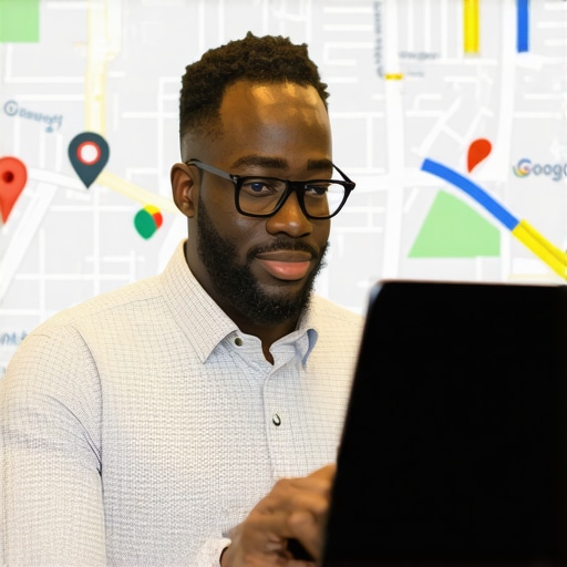 Columbus business owner working on Google My Business profile with Columbus city map in background.