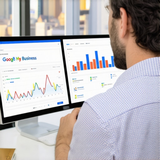 SEO expert working on Google My Business optimization with Columbus cityscape