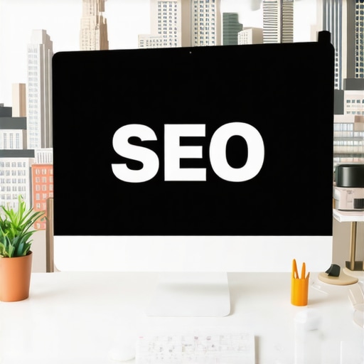 Person managing SEO tools on computer with Columbus Ohio landmarks in background.