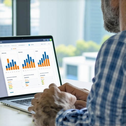 Business owner reviewing SEO analytics on laptop with Columbus cityscape in background.