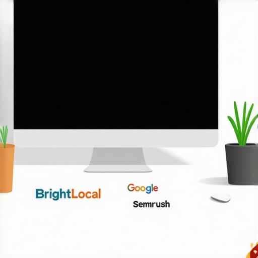 Computer monitor displaying SEO analytics tools with Ohio landmarks in the background.