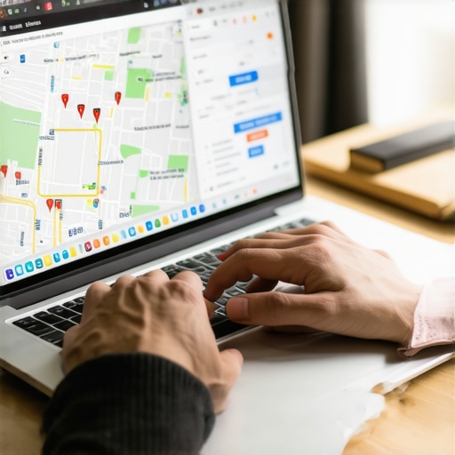 Effective Local SEO Tools in Action Person analyzing local SEO performance using tools on a laptop with Google Maps and data charts