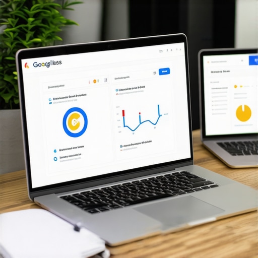Maintaining Local SEO with Advanced Tools A workspace with a laptop showing Google My Business analytics and citation tools, representing ongoing local SEO efforts.