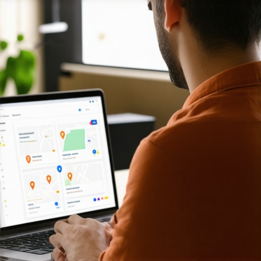 Business owner updating Google My Business profile on a laptop with Columbus maps