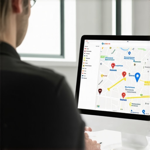 Business owner analyzing Google Maps profile details on laptop