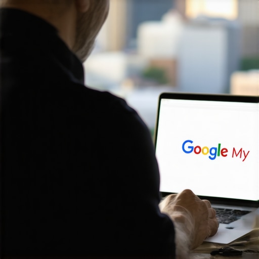 Columbus business owner updating GMB profile on laptop with city background.