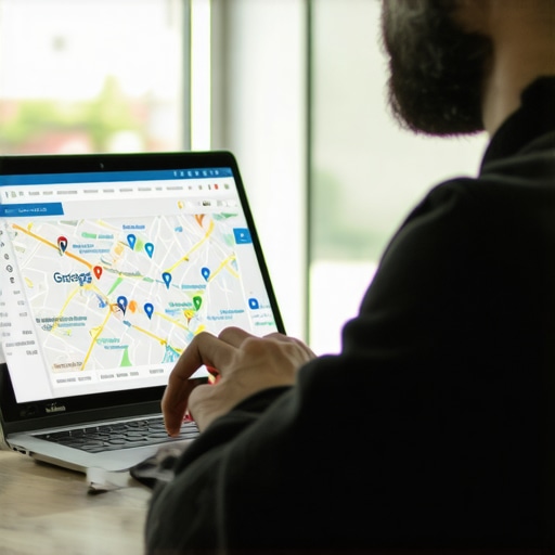 Business owner updating Google My Business profile on a laptop with Columbus local maps
