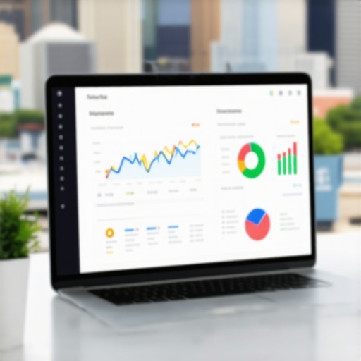 Workspace with SEO analytics tools, laptop showing local SEO data, Columbus city skyline