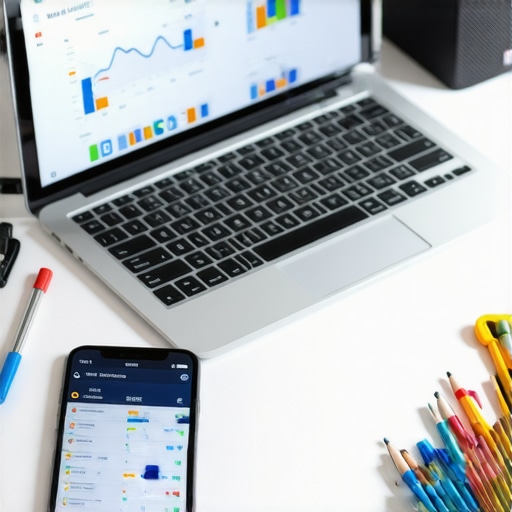 SEO Workspace with Tools A workspace setup showing analytics on a laptop, local search on a smartphone, and SEO tools, representing local business SEO maintenance.