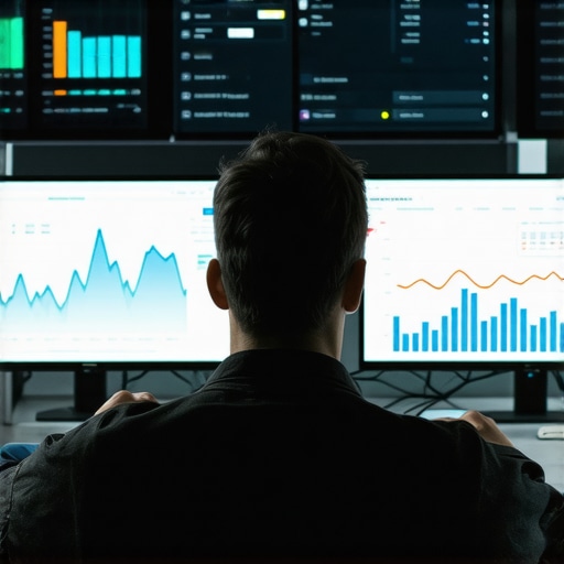 Digital marketer reviewing SEO performance metrics on multiple monitors