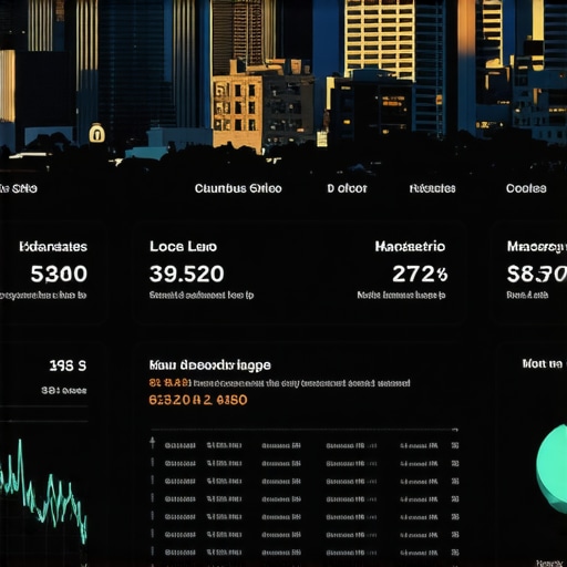 A marketing dashboard showing local SEO analytics with Columbus Ohio landmarks in the background.