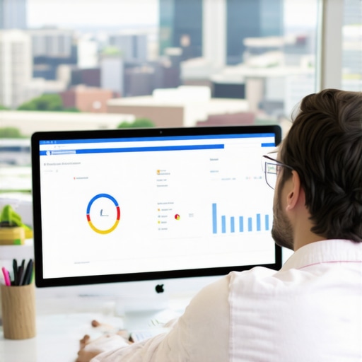 Person reviewing Columbus local SEO analytics on a laptop with cityscape view.