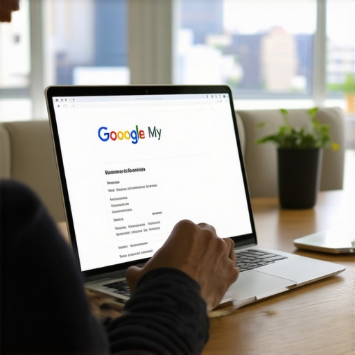 Person editing Google My Business profile on laptop with Columbus city view