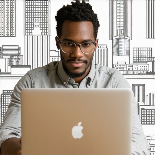 Business owner updating Google My Business profile with Columbus landmarks in background.