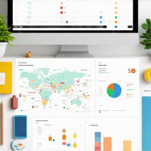 A workspace showing devices and screens with maps, analytics, and SEO tools