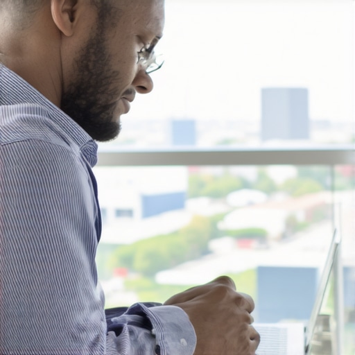 Business owner analyzing local SEO metrics on laptop in Columbus office