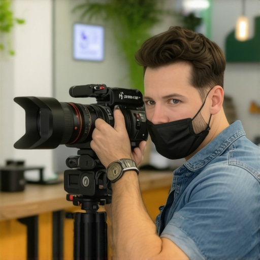 A small business owner in Columbus recording a promotional video inside their shop with cheerful ambiance.