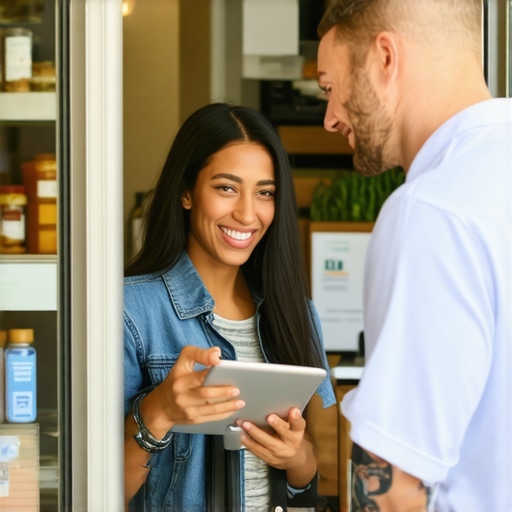 Business owner using tablet to ask customers for reviews in a Columbus shop