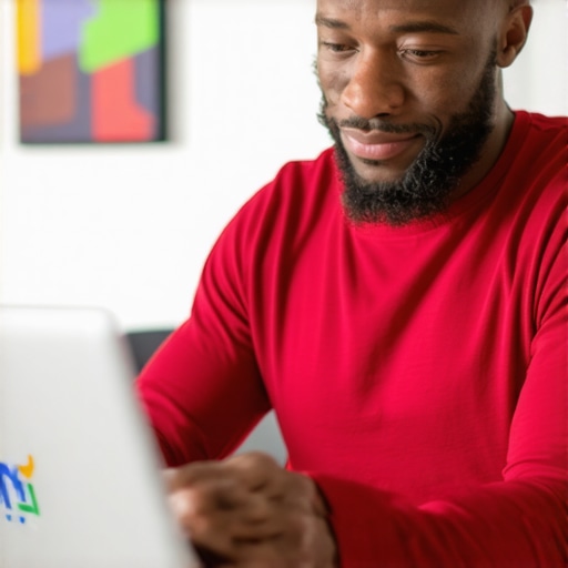 Business owner improving Google My Business listing on laptop.